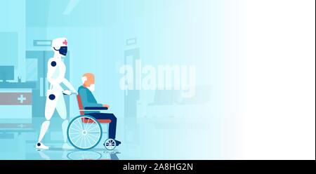 Vector of a robot assisting disabled senior man in a wheelchair in the hospital Stock Vector