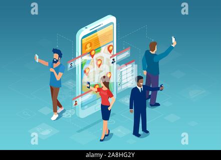 Social media app concept. Vector of people online community members share location, check ins, having chat on smartphone app Stock Vector