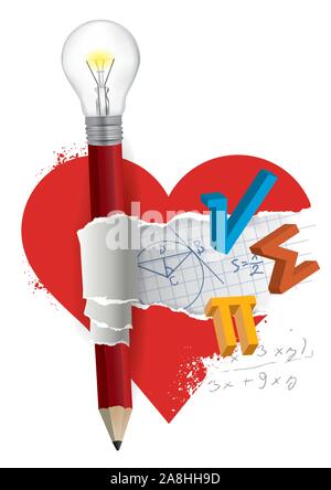 I love mathematics,fun math concept. Mathematics symbols inside the heart symbol with pencil with bulb.  Vector available. Stock Vector