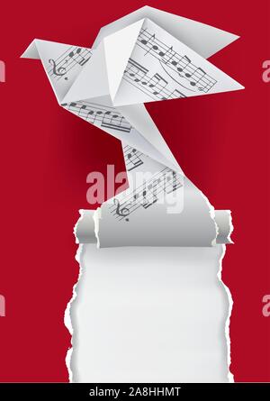 Origami dove with musical notes. Origami paper pigeon with musical notes ripping red paper background. Tamplate for musical poster. Vector available. Stock Vector