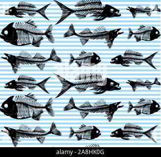 Fish seamless pattern. Animal background. Blue stripes. - Vector Stock Vector