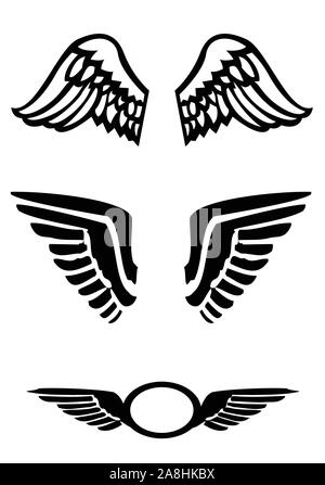 Wings black icons set. Three stylized birds wings. Isolated on white background. Vector available. Stock Vector