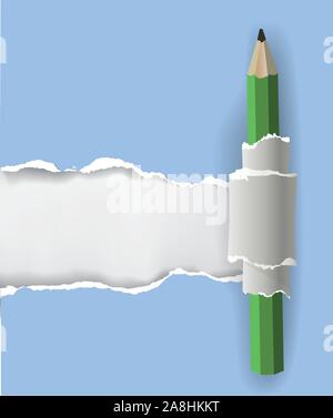 Ripped paper background with pencil. Illustration of blue ripped paper background with green pencil.Place for your text or image. Vector available. Stock Vector