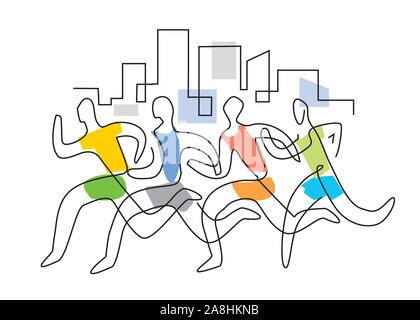 Running race marathon,line art stylized. Colorful lineart stylized illustration of four running racers in a city. Vector available. Stock Vector
