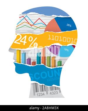 Economist sales manager head silhouette. Male head silhouette with charts and numbers symbolizing economy. Vector available. Stock Vector