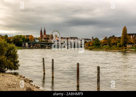 Old city center of Basel with Munster cathedral and the Rhine river in Switzerland Stock Photo