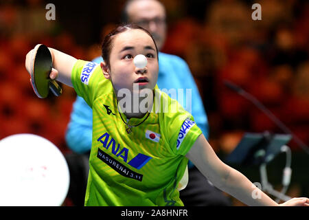 Tokyo, Japan. 9th Nov, 2019. Ito Mima of Japan serves to Choi Hyojoo of South Korea during the women's singles match of the semifinal between Japan and South Korea at the 2019 ITTF Team World Cup in Tokyo, Japan, Nov. 9, 2019. Credit: Hua Yi/Xinhua/Alamy Live News Stock Photo