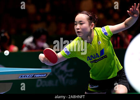 Tokyo, Japan. 9th Nov, 2019. Ito Mima of Japan returns to Choi Hyojoo of South Korea during the women's singles match of the semifinal between Japan and South Korea at the 2019 ITTF Team World Cup in Tokyo, Japan, Nov. 9, 2019. Credit: Hua Yi/Xinhua/Alamy Live News Stock Photo