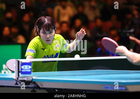 Tokyo, Japan. 9th Nov, 2019. Hirano Miu of Japan returns to Jeon Jihee of South Korea during the women's singles match of the semifinal between Japan and South Korea at the 2019 ITTF Team World Cup in Tokyo, Japan, Nov. 9, 2019. Credit: Hua Yi/Xinhua/Alamy Live News Stock Photo