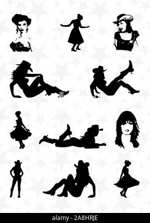 Silhouettes of Western Cowgirls. Vector Illustration - isolated on white Stock Vector