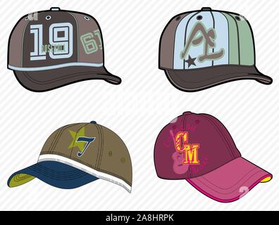 Colorful sport caps. Man accesories, woman fashion, headwear, sportive hat. Baseball cap. - Vector Stock Vector