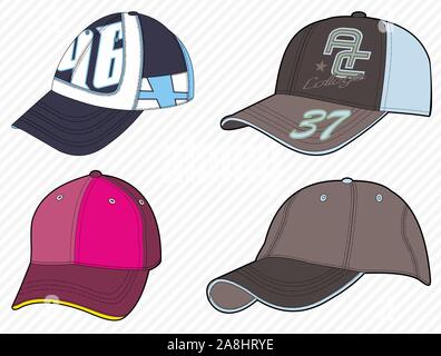 Colorful sport caps. Man accesories, woman fashion, headwear, sportive hat. Baseball cap. - Vector Stock Vector