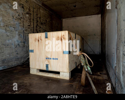 The radioactive material label beside the transportation wooden box Type A standard package in the truck Stock Photo