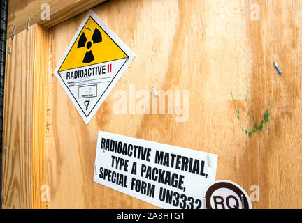 Radioactive material label beside the transportation wooden box Type A standard package Stock Photo