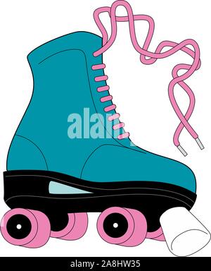 Retro quad roller skates, hand drawn illustration isolated on white background. Realistic hand drawn, sketch style pair of colorful quad roller skates Stock Vector