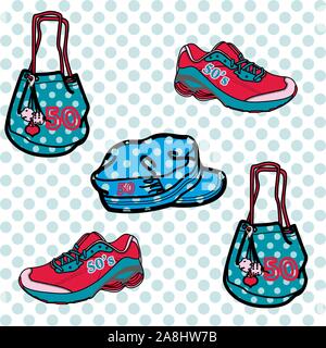 Handbag and sneaker pattern, accessories seamless background. Textile objects.  - Vector Stock Vector