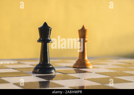 Black and white queens on a chess board in a park. Stock Photo