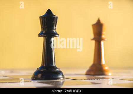 Black and white queens on a chess board in a park. Stock Photo