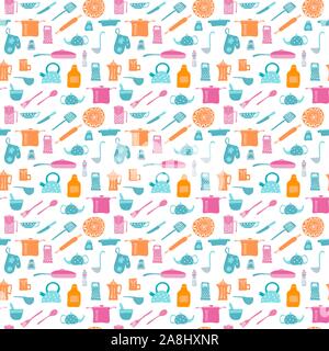 Vector Seamless pattern with kitchen items in retro style. Stock Vector