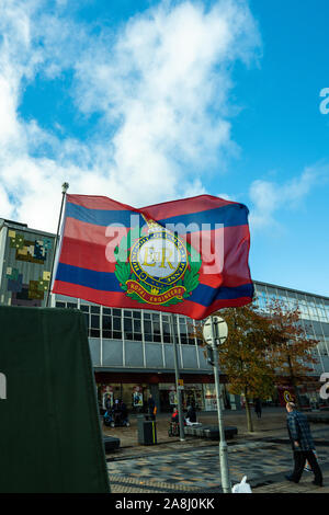 The flag of the Royal Engineers attached to an army vehicle at the 100 year Remembrance Day parade in Albion Square, Hanley Stock Photo