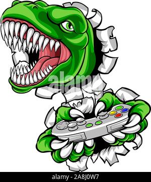 Cabeça de raiva do jogador de dinossauro t rex que joga o jogo no joystick  para arcade de videogame. projete a ilustração do vintage com o controlador  do gamepad.