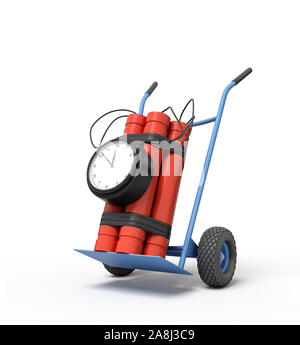 3d rendering of big dynamite bundle with time bomb on blue hand truck. Stock Photo