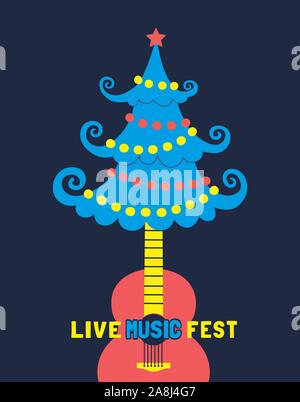 Template Design Poster with acoustic guitar silhouette, Christmas tree. Stock Vector