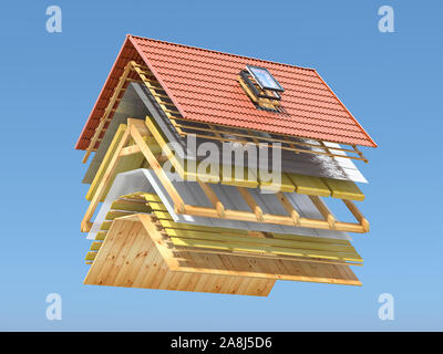 Roof cover in layers. Cross section and  technical details of  house roof. Ceramic tiles, different layers of insulation and wooden planks. 3d illustr Stock Photo