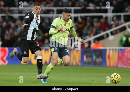 NEWCASTLE UPON TYNE, ENGLAND - NOVEMBER 9TH 2019 Newcastle United's Miguel Almiron competes for the ball with Bournemouth's Diego Rico during the Premier League match between Newcastle United and Bournemouth at St. James's Park, Newcastle on Saturday 9th November 2019. (Credit: Steven Hadlow | MI News) Photograph may only be used for newspaper and/or magazine editorial purposes, license required for commercial use Credit: MI News & Sport /Alamy Live News