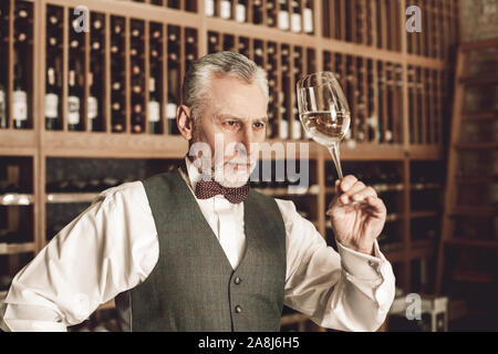 Sommelier Concept. Senior man standing checking quality of glass of wine concentrated Stock Photo