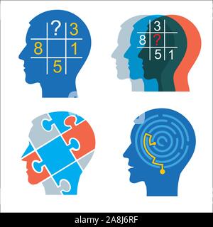 Men heads with sudoku, puzzle and maze. Four stylized male head silhouettes. Concept for psychological tests. Vector available. Stock Vector