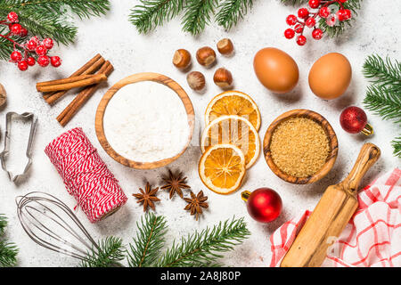 Christmas baking background on white table. Stock Photo