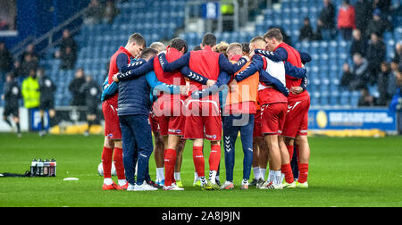 London, UK. 09th Nov, 2019.  Middlesborough team huddle before the EFL Sky Bet Championship match between Queens Park Rangers and Middlesbrough at The Kiyan Prince Foundation Stadium, London, England. Photo by Phil Hutchinson. Editorial use only, license required for commercial use. No use in betting, games or a single club/league/player publications. Credit: UK Sports Pics Ltd/Alamy Live News Stock Photo