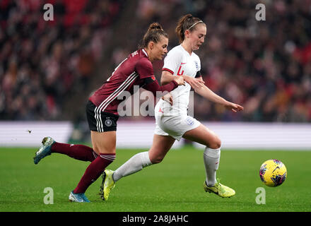 England's Keira Walsh (left) and Germany's Elisa Senss battle for the ...