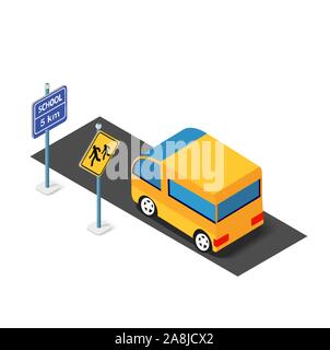 Isometric school bus urban infrastructure Stock Vector