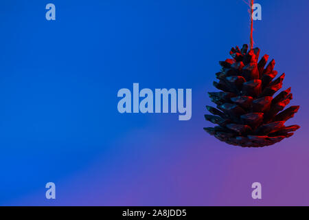 A large cedar cone on a rope hangs illuminated by neon light. And space for text Stock Photo