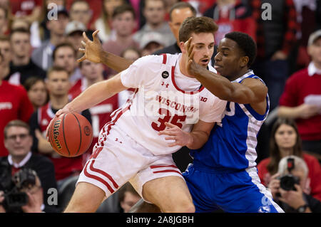 Madison, WI, USA. 8th Nov, 2019. Wisconsin Badgers forward Nate Reuvers #35 in action during the NCAA basketball game between the Eastern Illinois Panthers and the Wisconsin Badgers at the Kohl Center in Madison, WI. John Fisher/CSM/Alamy Live News Stock Photo