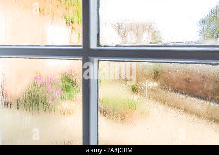 Condensation on window panes of an old sash window Stock Photo