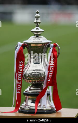 Nantwich, Cheshire, UK. 9th November, 2019. The Football Association Cup (FA Cup) on display on the pitch at the Weaver Stadium ahead of the first round proper FA Cup fixture between Nantwich Town and AFC Fylde. Stock Photo