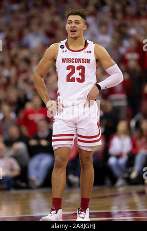 Madison, WI, USA. 8th Nov, 2019. Wisconsin Badgers guard Kobe King #23 during the NCAA basketball game between the Eastern Illinois Panthers and the Wisconsin Badgers at the Kohl Center in Madison, WI. John Fisher/CSM/Alamy Live News Stock Photo