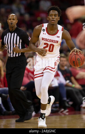 Madison, WI, USA. 8th Nov, 2019. Wisconsin Badgers forward Samad Qawi #20 in action during the NCAA basketball game between the Eastern Illinois Panthers and the Wisconsin Badgers at the Kohl Center in Madison, WI. John Fisher/CSM/Alamy Live News Stock Photo