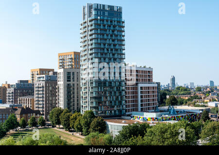 Skyline of London from Lewisham Shopping Centre showing the Renaissance apartment complex in foreground Stock Photo