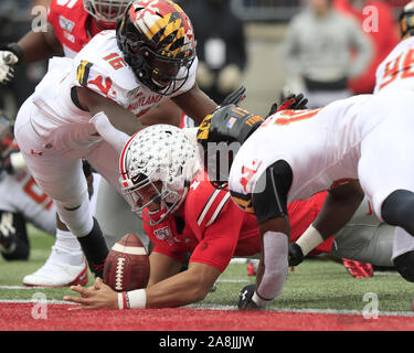 Columbus, United States. 09th Nov, 2019. Ohio State Buckeye's Justin Fields (1) dives for a touchdown against the Maryland Terrapins in the first half Saturday, November 9, 2019 in Columbus, Ohio. Photo by Aaron Josefczyk/UPI Credit: UPI/Alamy Live News Stock Photo