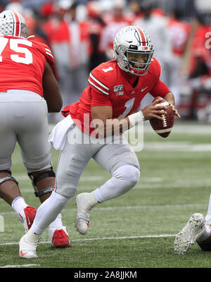 Columbus, United States. 09th Nov, 2019. Ohio State Buckeye's Justin Fields (1) runs against the Maryland Terrapins in the first half Saturday, November 9, 2019 in Columbus, Ohio. Photo by Aaron Josefczyk/UPI Credit: UPI/Alamy Live News Stock Photo