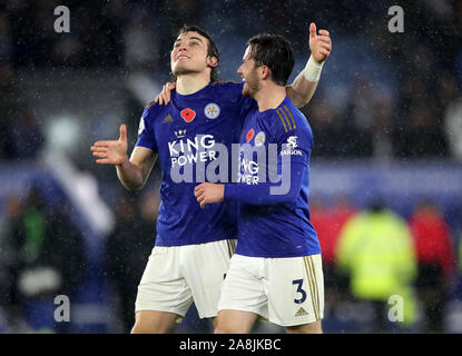 Leicester City's Caglar Soyuncu (left) and Ben Chilwell (right) celebrate after the final whistle during the Premier League match at the King Power Stadium, Leicester. Stock Photo