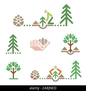 Tree icons, planting tree. Set of colorful icons with trees and tree planting.Vector available. Stock Vector