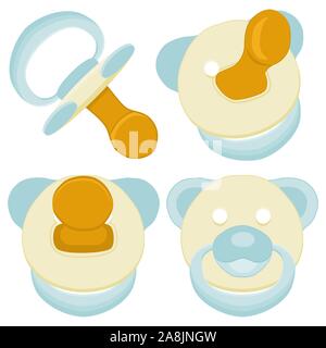 Illustration on theme big colored set baby pacifiers, dummy with rubber nipple. Baby pacifiers consisting of collection to newborn, good dummy nipple. Stock Vector