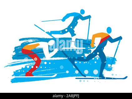 Cross country skiers grunge stylized. Illustration of three stylized cross country skiers. Isolated on white background. Vector available. Stock Vector