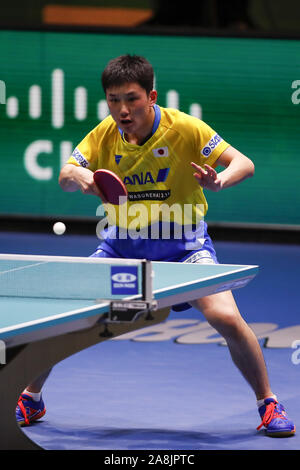 Tokyo, Japan. 9th Nov, 2019. Tomokazu Harimoto of Japan in action against Zhendong Fan of China during the Men's Teams Semifinals match at the International Table Tennis Federation (ITTF) Team World Cup Tokyo 2019 at Tokyo Metropolitan Gymnasium. China defeats Japan 3-0. Credit: Rodrigo Reyes Marin/ZUMA Wire/Alamy Live News Stock Photo