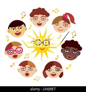 Children's Choir with sun as conductor. Stylized Illustration of kids singing together like choir. Isolated on white background.Vector available. Stock Vector
